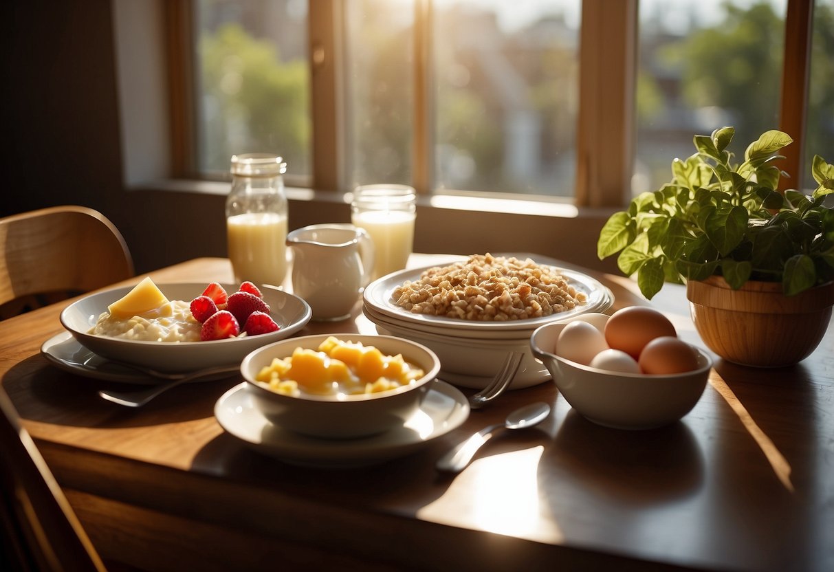 A table set with various breakfast foods: oatmeal, yogurt, fruit, eggs, and toast. Sunlight streams in through a window, creating a warm and inviting atmosphere