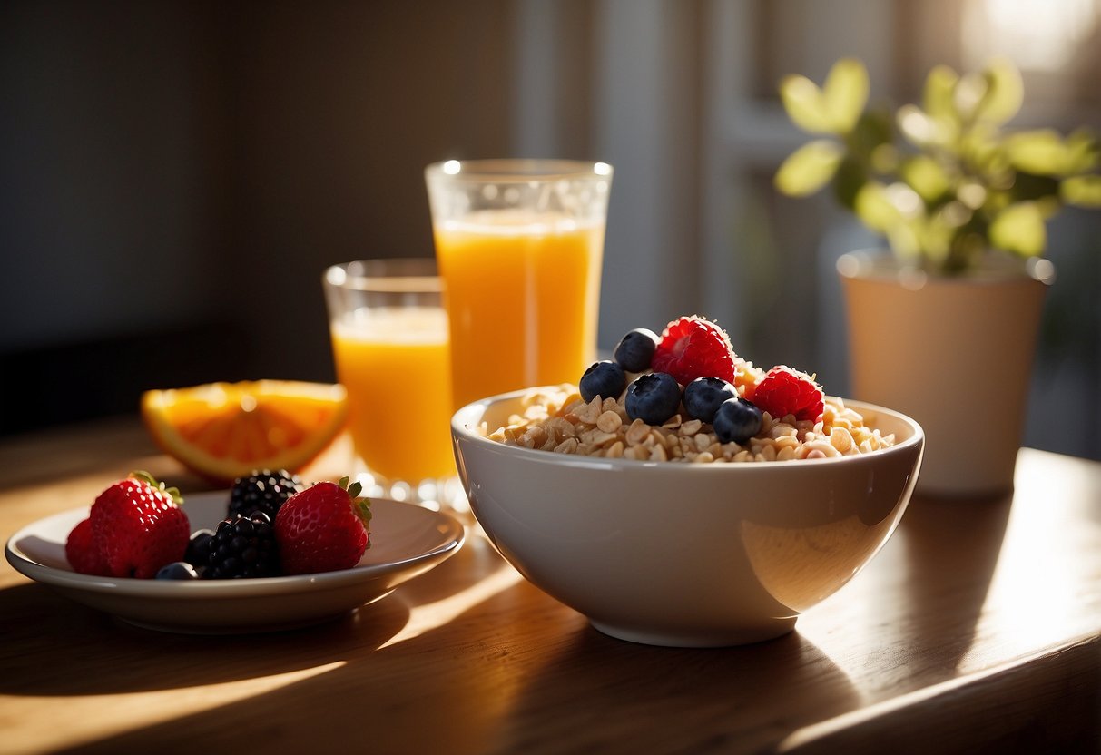 A bowl of oatmeal topped with fresh berries sits on a wooden table, surrounded by a mug of steaming coffee and a glass of orange juice. Sunlight streams in through a nearby window, casting a warm glow over the scene