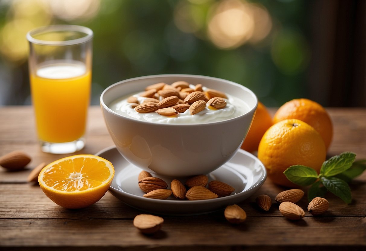 A bowl of Greek yogurt topped with drizzled honey and scattered almonds sits on a wooden table, surrounded by a variety of fruits and a glass of orange juice