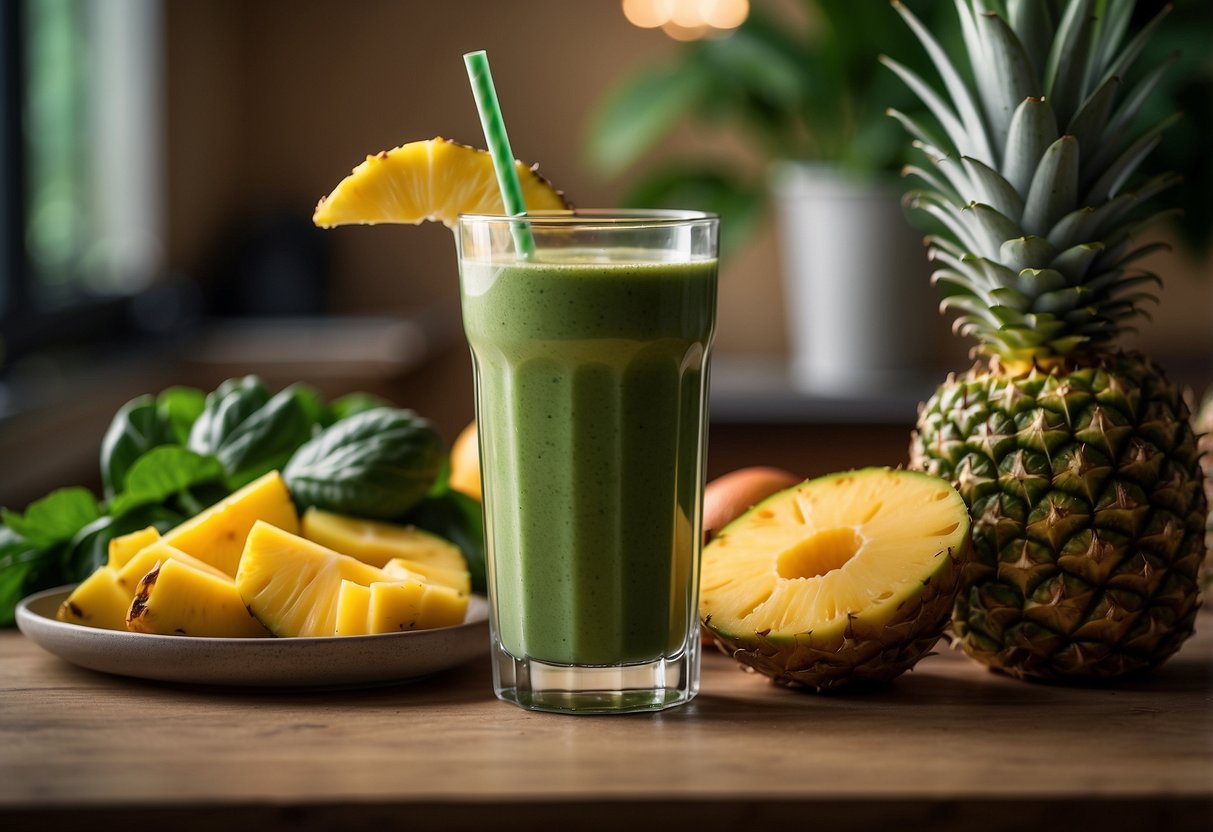 A tall glass filled with a vibrant green smoothie, topped with chunks of pineapple and mango. The backdrop could include a kitchen counter with a bowl of fresh spinach nearby