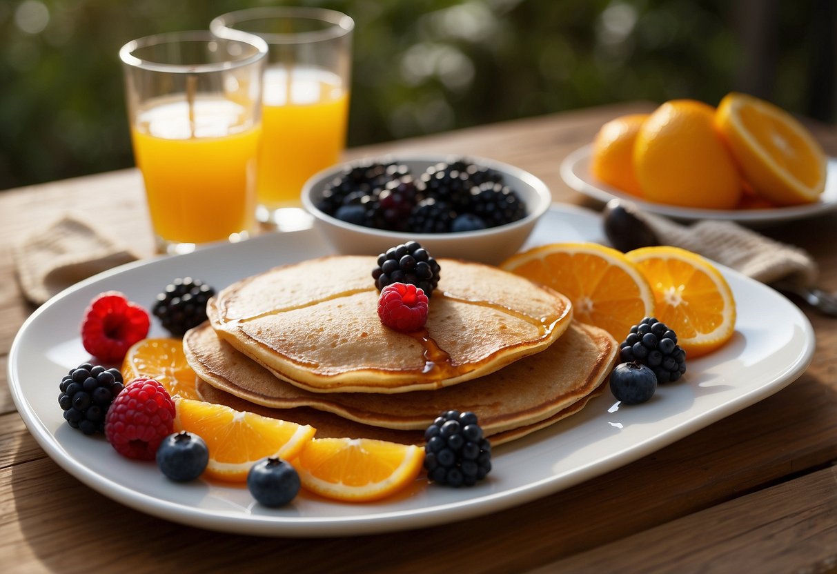 A plate of whole grain pancakes drizzled with maple syrup sits on a wooden table, accompanied by a glass of orange juice and a side of fresh berries