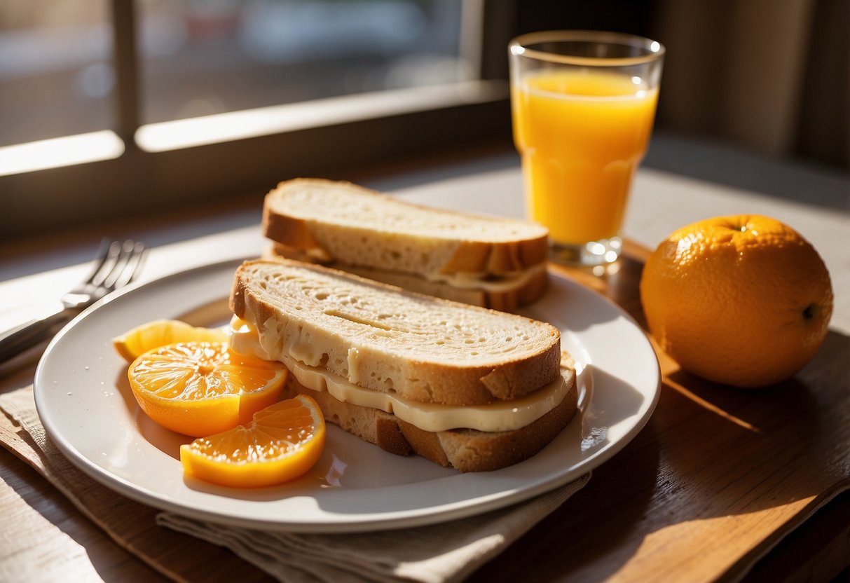 A banana and almond butter sandwich sits on a plate next to a glass of orange juice and a travel guide. The morning sun streams in through a window, casting a warm glow on the breakfast spread