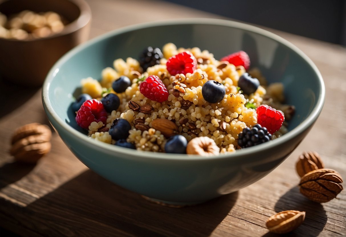 A colorful bowl filled with quinoa, fresh berries, and toasted nuts sits on a wooden table. Sunlight streams in through a nearby window, casting a warm glow on the nutritious breakfast