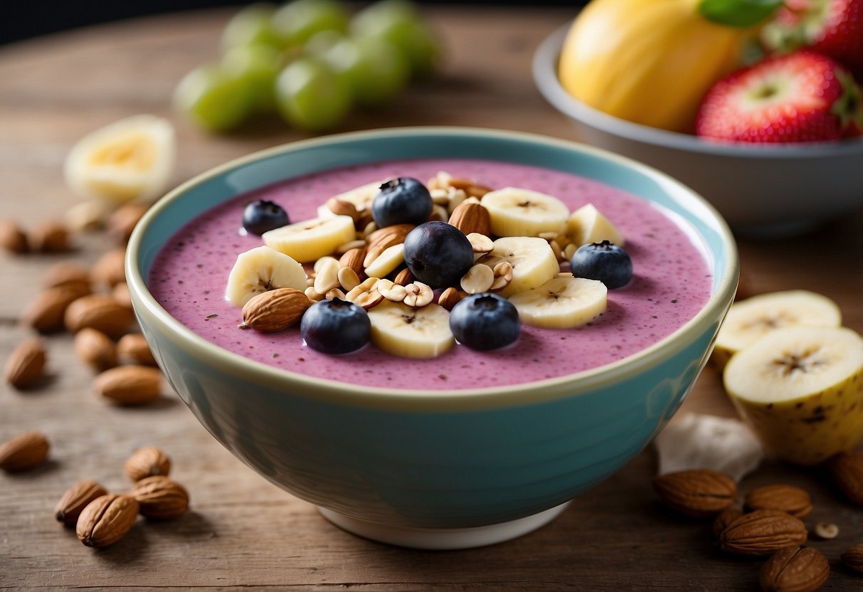 A vibrant bowl filled with a thick, creamy berry and banana smoothie, topped with slices of fresh fruit, nuts, and seeds, sitting on a wooden table