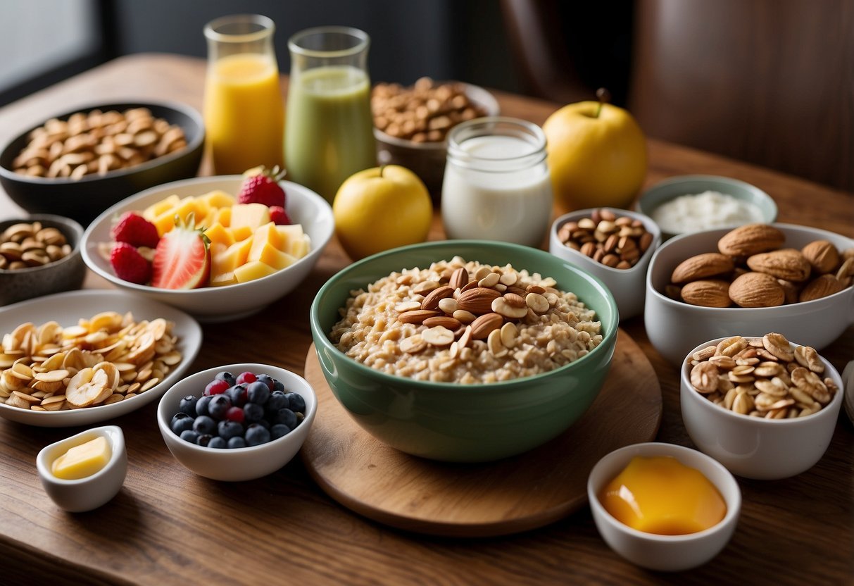 A table with a variety of breakfast foods, such as fruits, oatmeal, yogurt, and nuts, displayed with a headline "Common Mistakes to Avoid 10 Pre-Trip Breakfast Ideas for Energy" above it