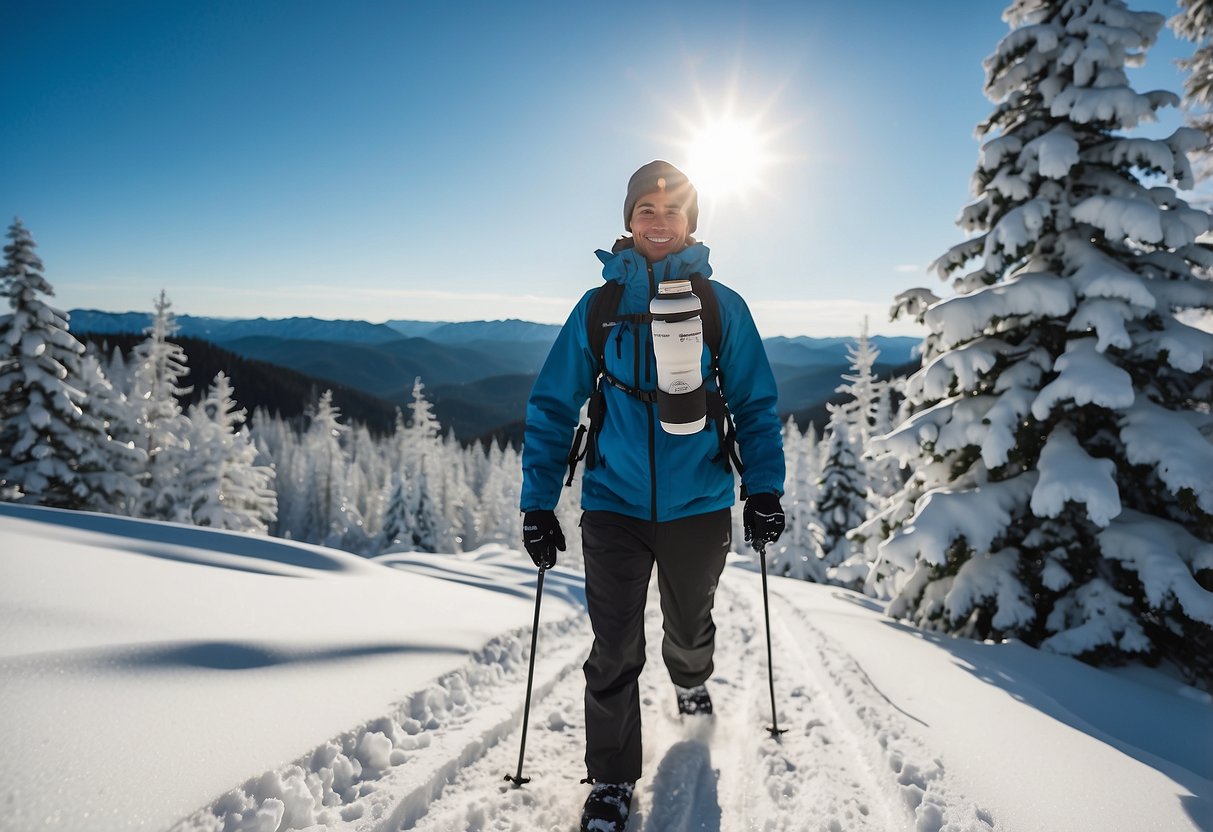 A snowshoeing scene with a person carrying a refillable water bottle, surrounded by snowy trees and a clear blue sky