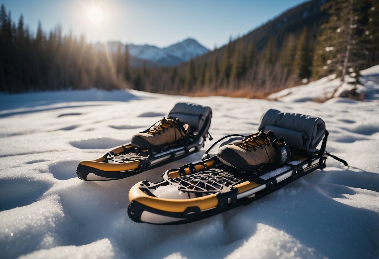 Snowshoes sit in the snow, surrounded by water bottles and a hydration pack. A trail winds through the snowy landscape in the background