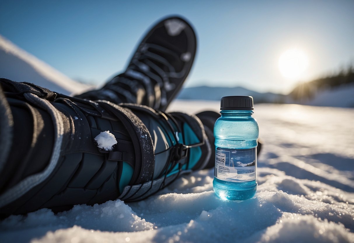 A hand drops electrolyte tablets into a water bottle, surrounded by snowshoes and a snowy landscape