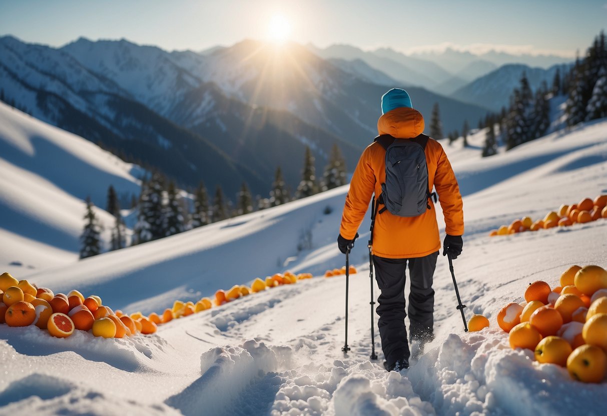 An illustration of a snowy landscape with a person snowshoeing, surrounded by fruit snacks like oranges and water bottles