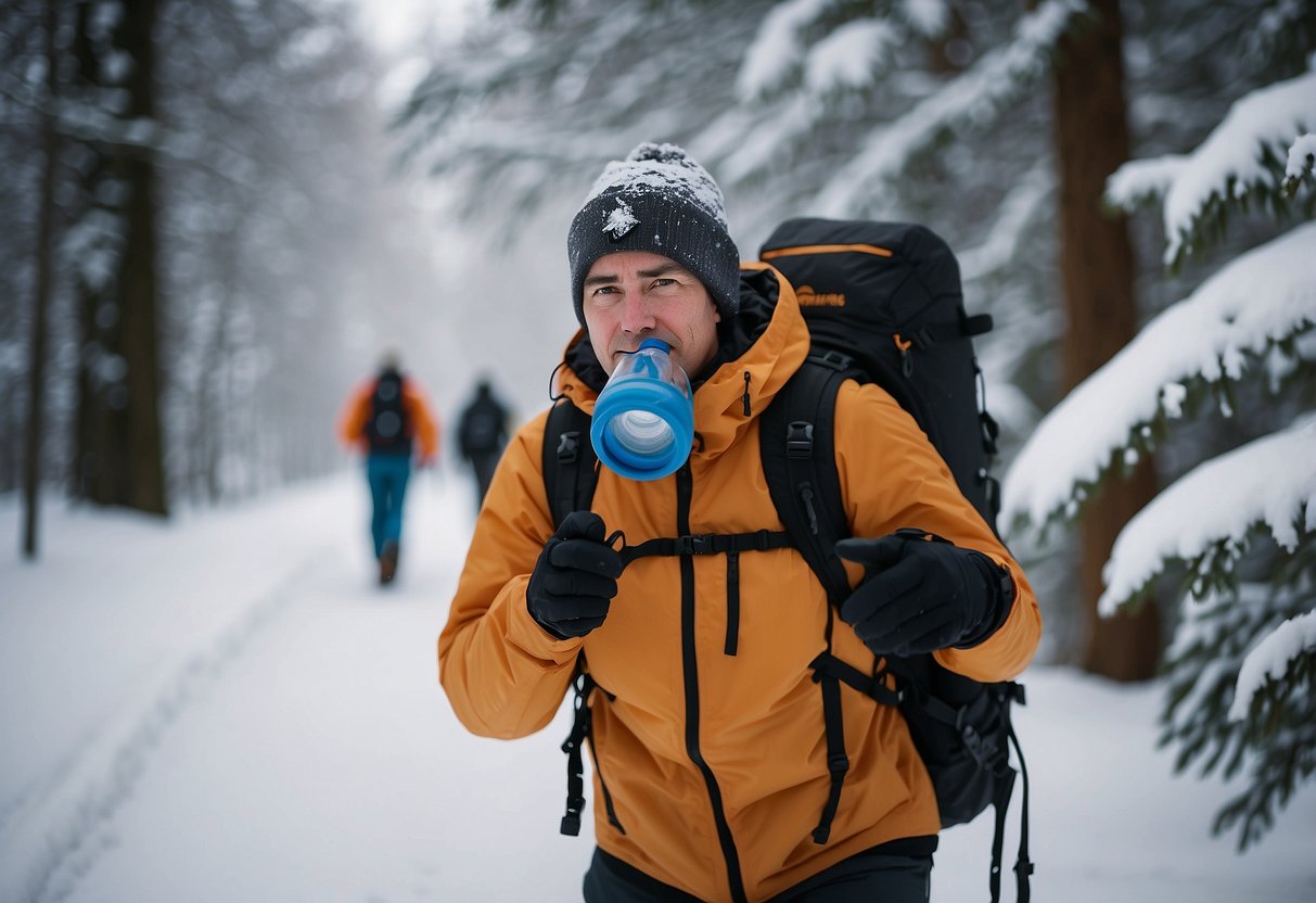 A snowshoer wearing a hydration pack, surrounded by snowy trees, sipping from the tube while trekking through the winter landscape