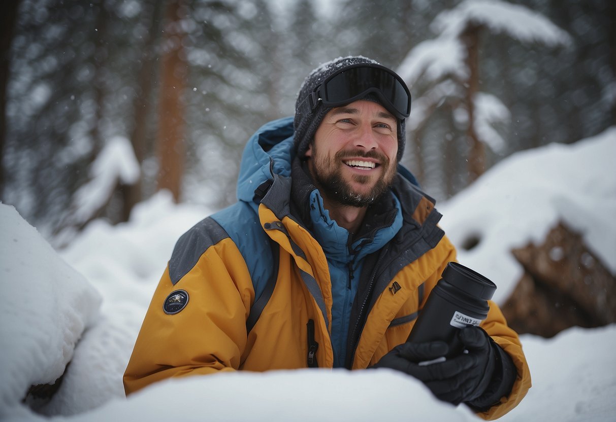 A snowshoer's urine color is monitored in the snowy wilderness. Hydration tips are displayed nearby