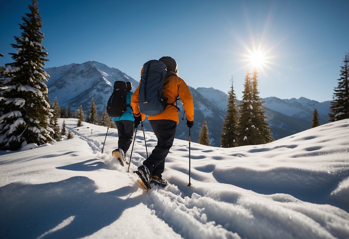 Snowshoers trek through snowy landscape, carrying water bottles. Snow-covered trees and mountains in the background. Clear blue sky and sun shining down