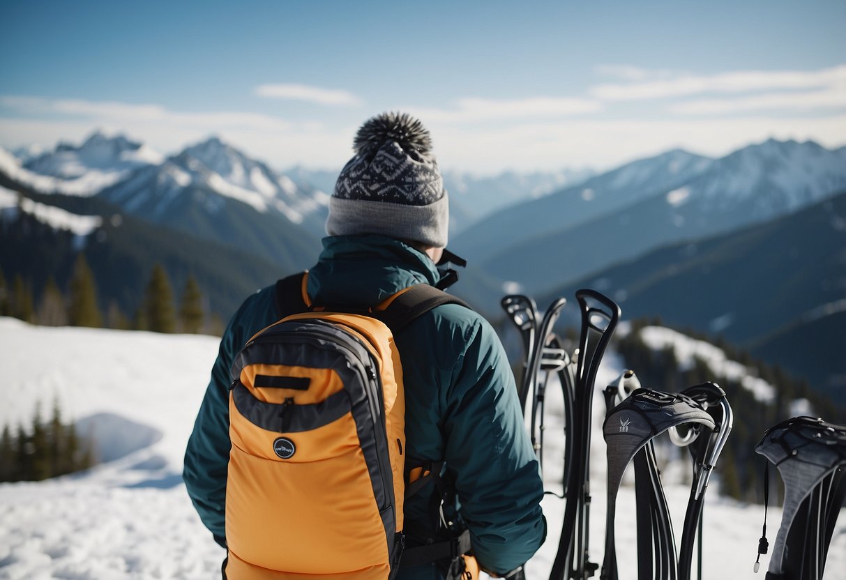 A snowshoer selects hydration gear from a display. Snowshoes and winter landscape in the background