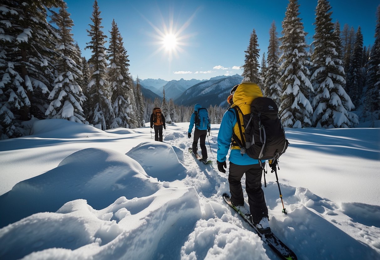 Snowshoers check water bottles, snowshoe tracks, and hydration packs. Snowy landscape with trees and mountains in the background. Blue sky