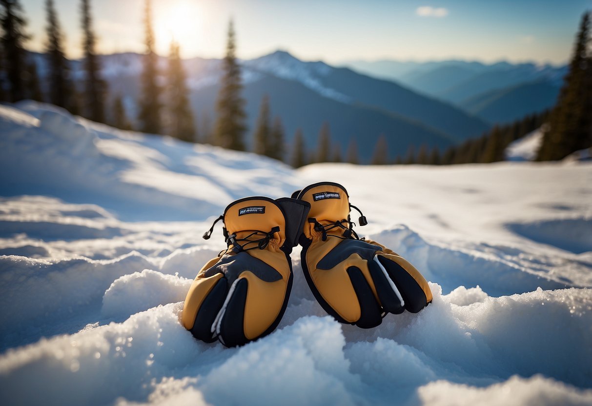 Snowshoeing gloves displayed on a snowy landscape with mountains in the background, showcasing their durability and protection against the cold