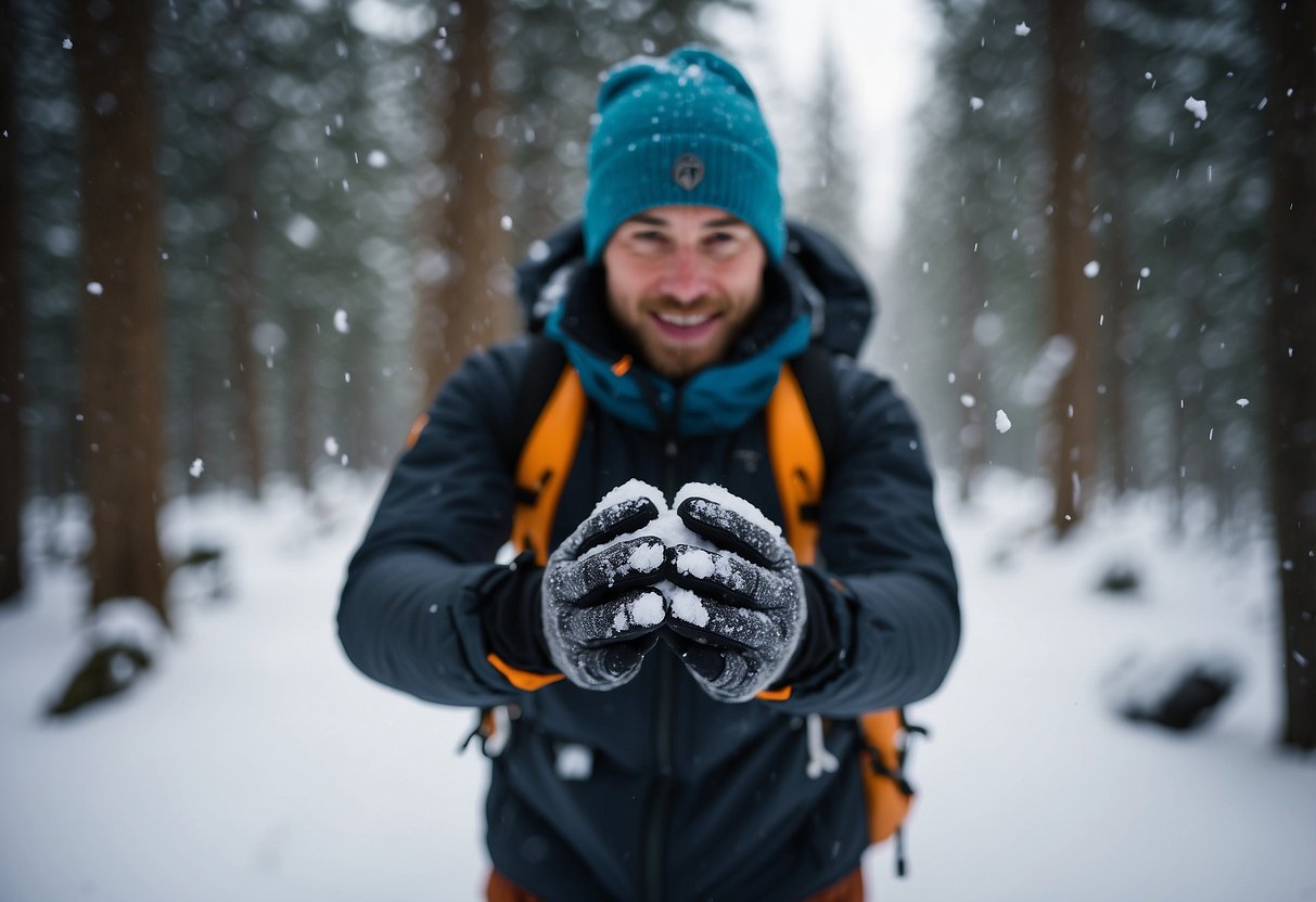 Snowshoer wearing Black Diamond Mercury Mitts, trekking through snowy forest, hands protected from cold and wet, enjoying winter adventure