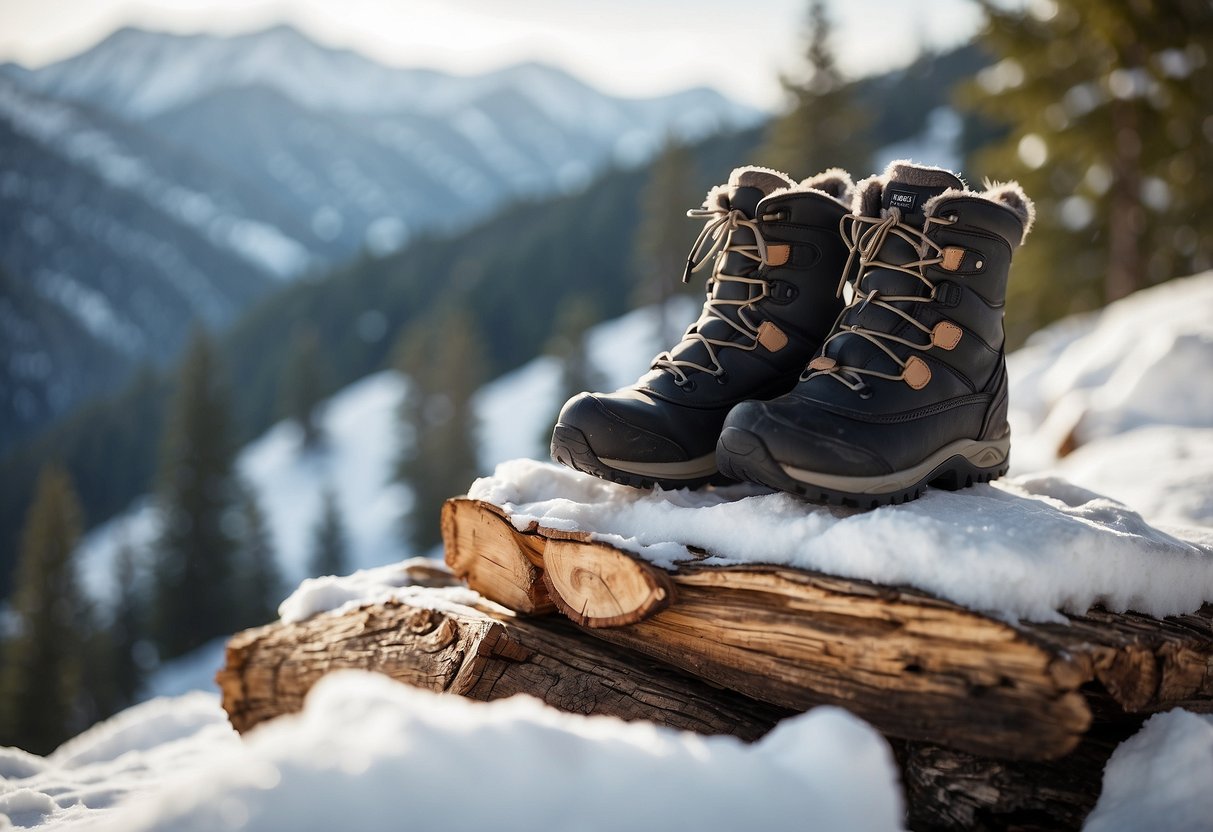 A pair of Alti Mitts lying on top of a snow-covered log, with snowshoes and a winter landscape in the background