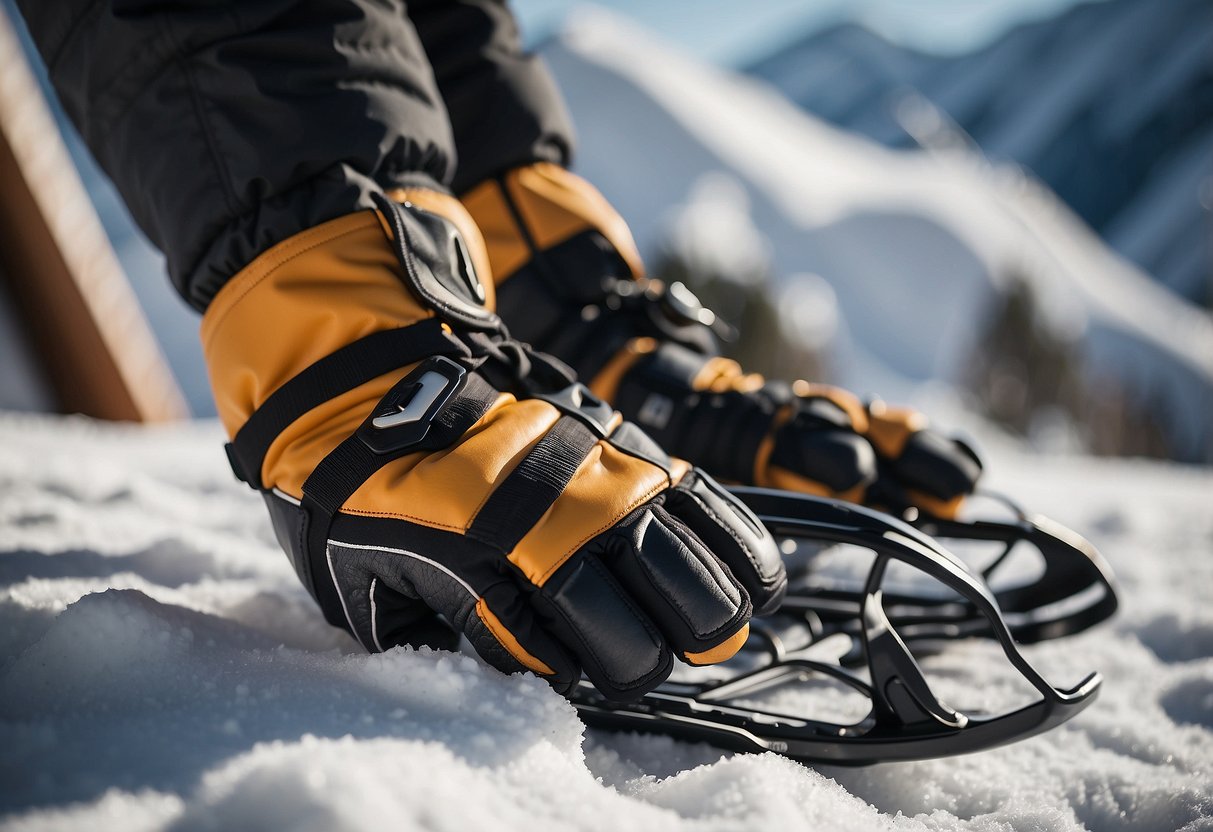 The Hestra Army Leather Heli Ski Gloves are surrounded by snowshoes, creating a protective and adventurous scene