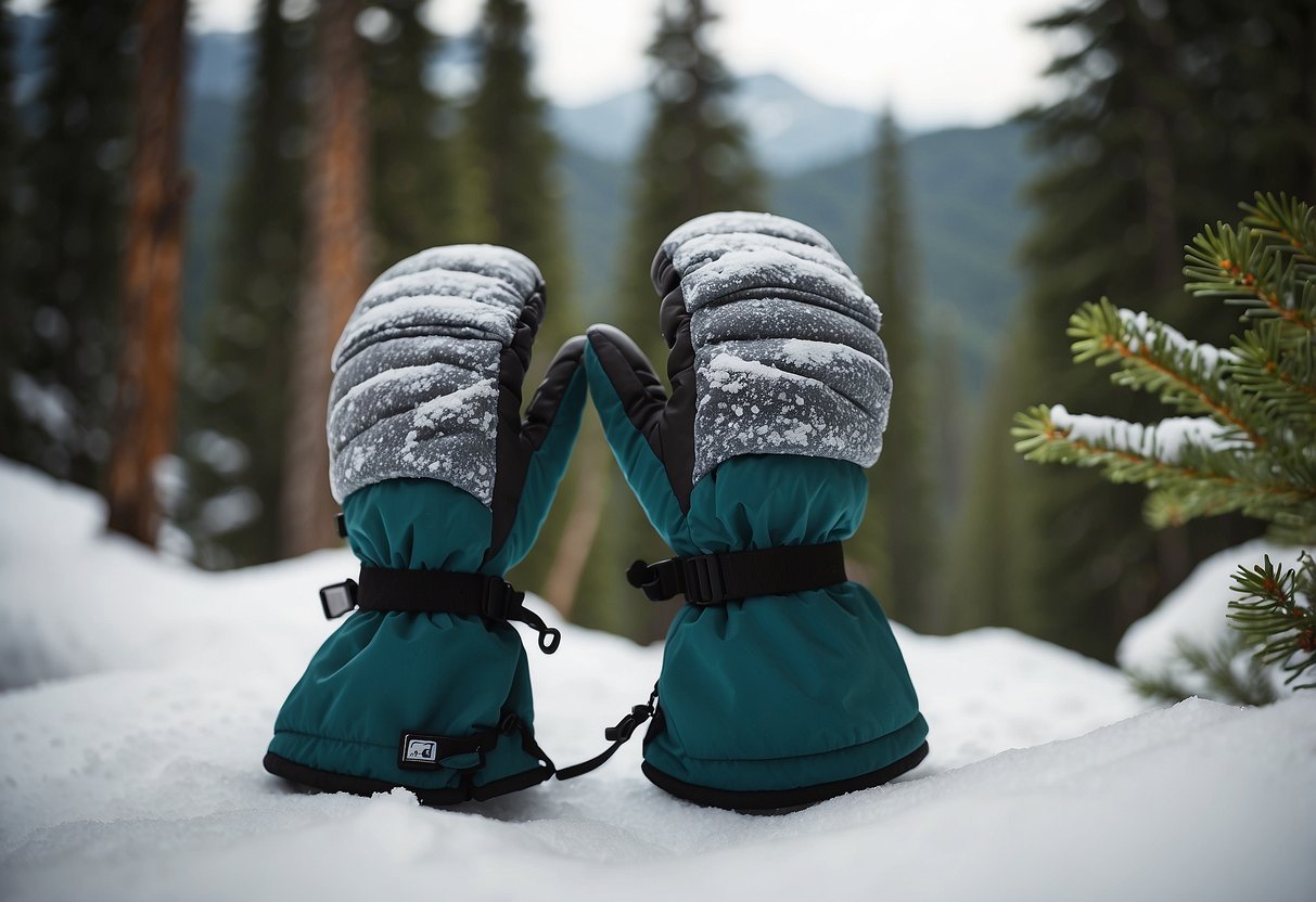 Snowshoeing gloves lie on a snowy trail, surrounded by evergreen trees and a mountainous backdrop. The Montane Super Prism Mitts stand out, offering protection and warmth in the wintry landscape