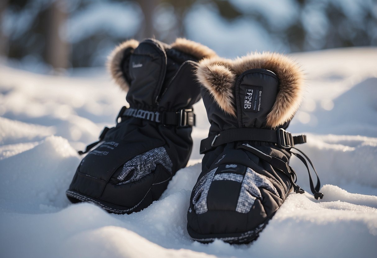 A pair of Marmot Ultimate Ski Gloves lying on a snowy surface, surrounded by snowshoes and other winter gear