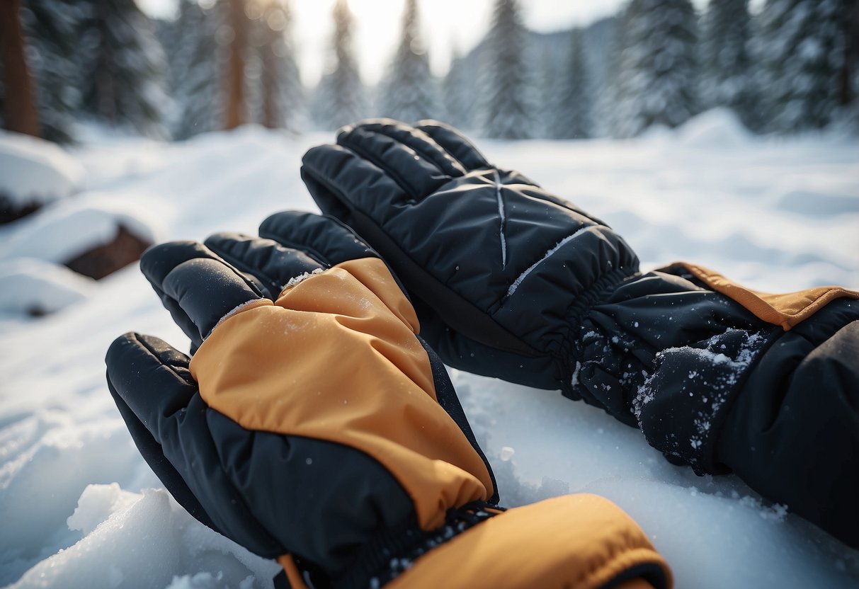 Snowshoeing gloves lay on a snowy trail, surrounded by pristine winter scenery. The gloves are durable, insulated, and waterproof, emphasizing their importance for protection in cold conditions