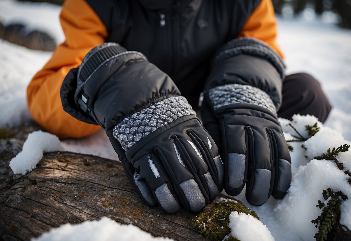 Snowshoeing gloves laid out with various materials like waterproof fabric, insulation, and durable palm grips. Top 5 gloves displayed for protection