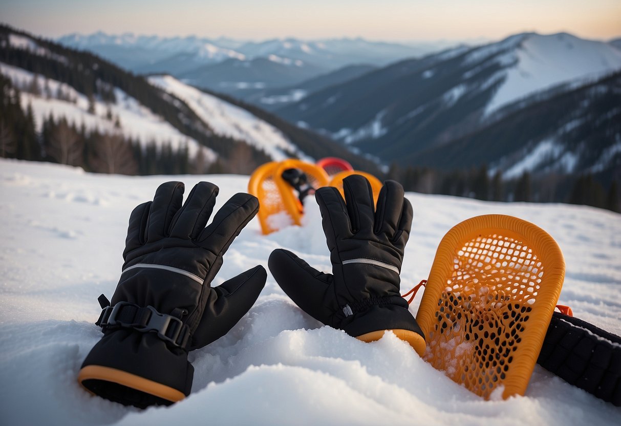 Snowshoeing gloves laid out neatly, with snowshoes and winter scenery in the background