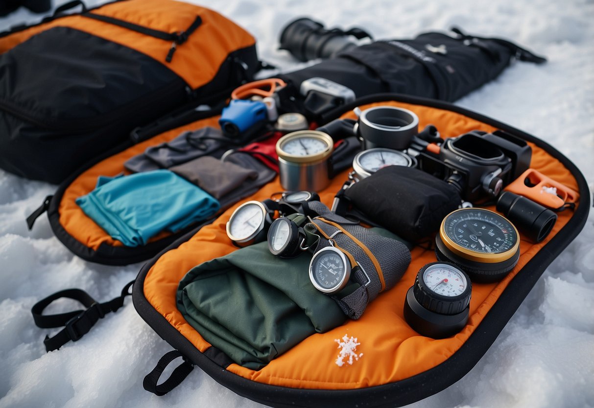 Snowshoes, backpack, first aid kit, water bottle, emergency blanket, whistle, compass, headlamp, multi-tool, and extra clothing laid out on snowy ground