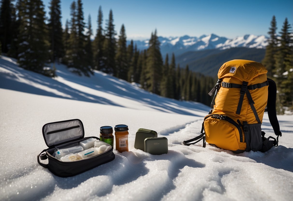 A snowy trail with a backpack containing Band-Aid Hydro Seal Adhesive, a first aid kit, and other essential items for snowshoeing