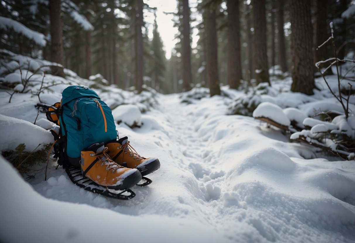 The snow-covered trail winds through the forest, with snowshoes and a backpack lying nearby. A trauma pak is open, revealing essential first aid items scattered on the ground