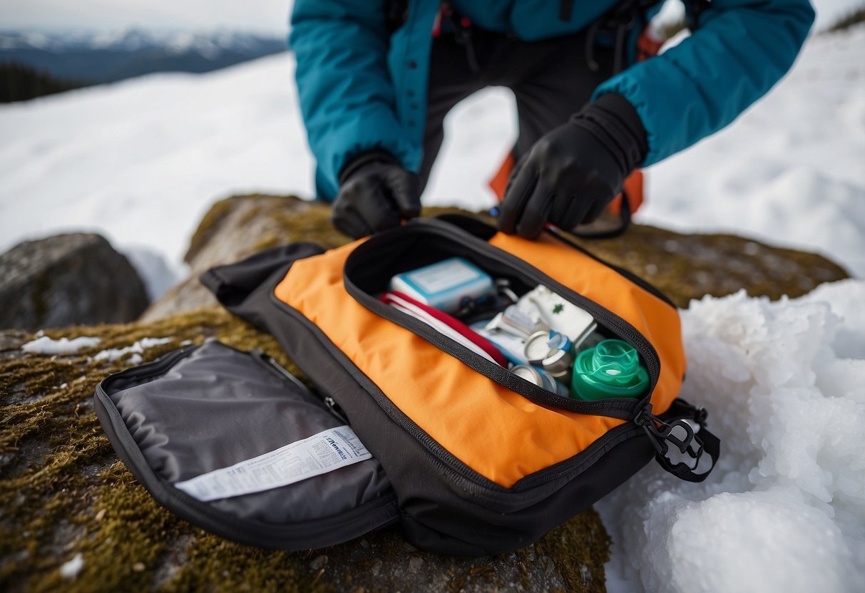 A snowshoer unzips an Aloksak Waterproof Bag, revealing essential first aid items nestled inside