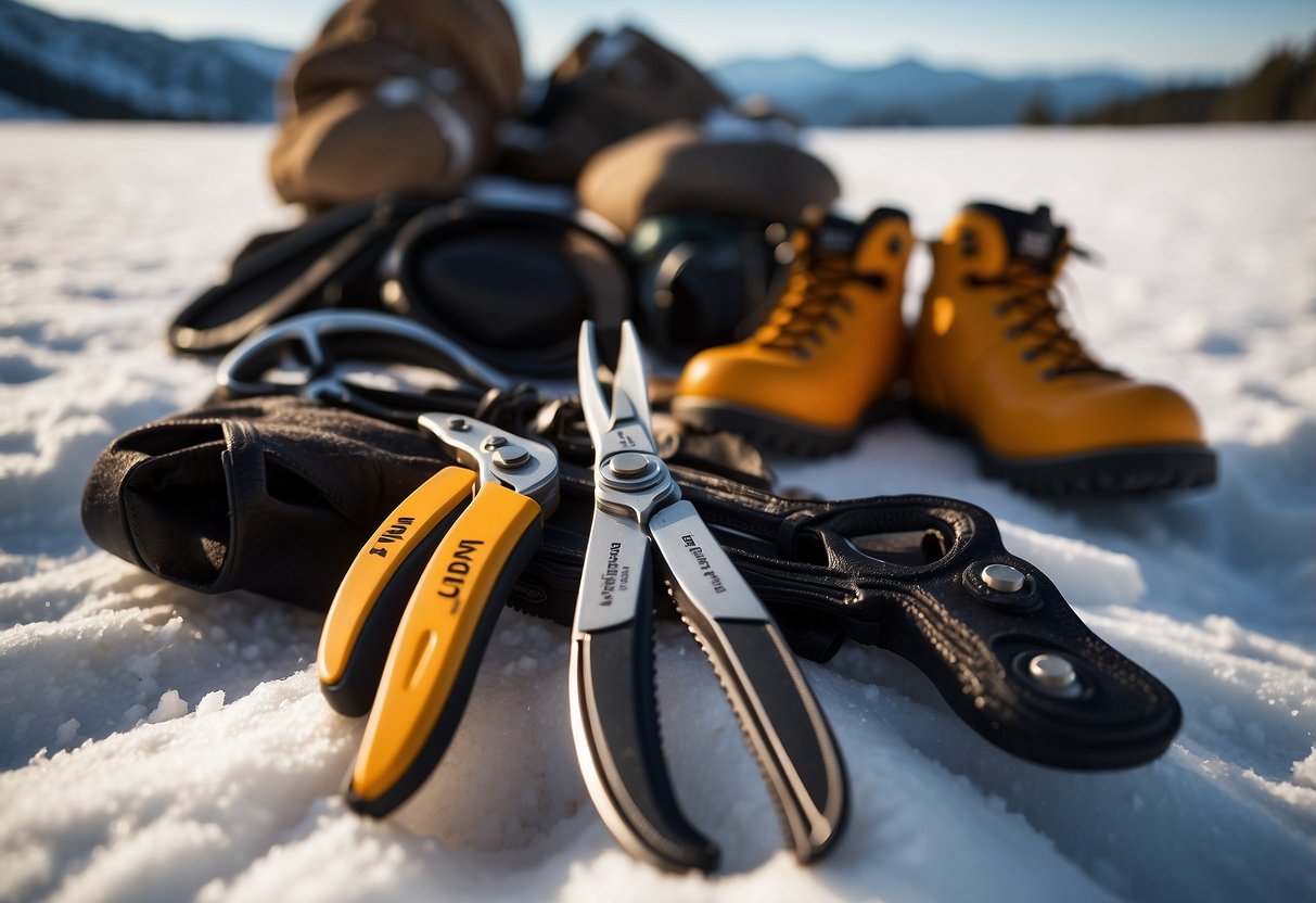 Leatherman Raptor Shears, gloves, bandages, and other first aid items laid out on snowy ground. Snowshoes and winter gear visible in the background