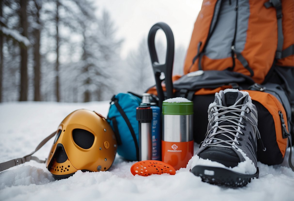 A snowy landscape with a pair of snowshoes, a backpack, and 10 essential first aid items including a face shield CPR mask