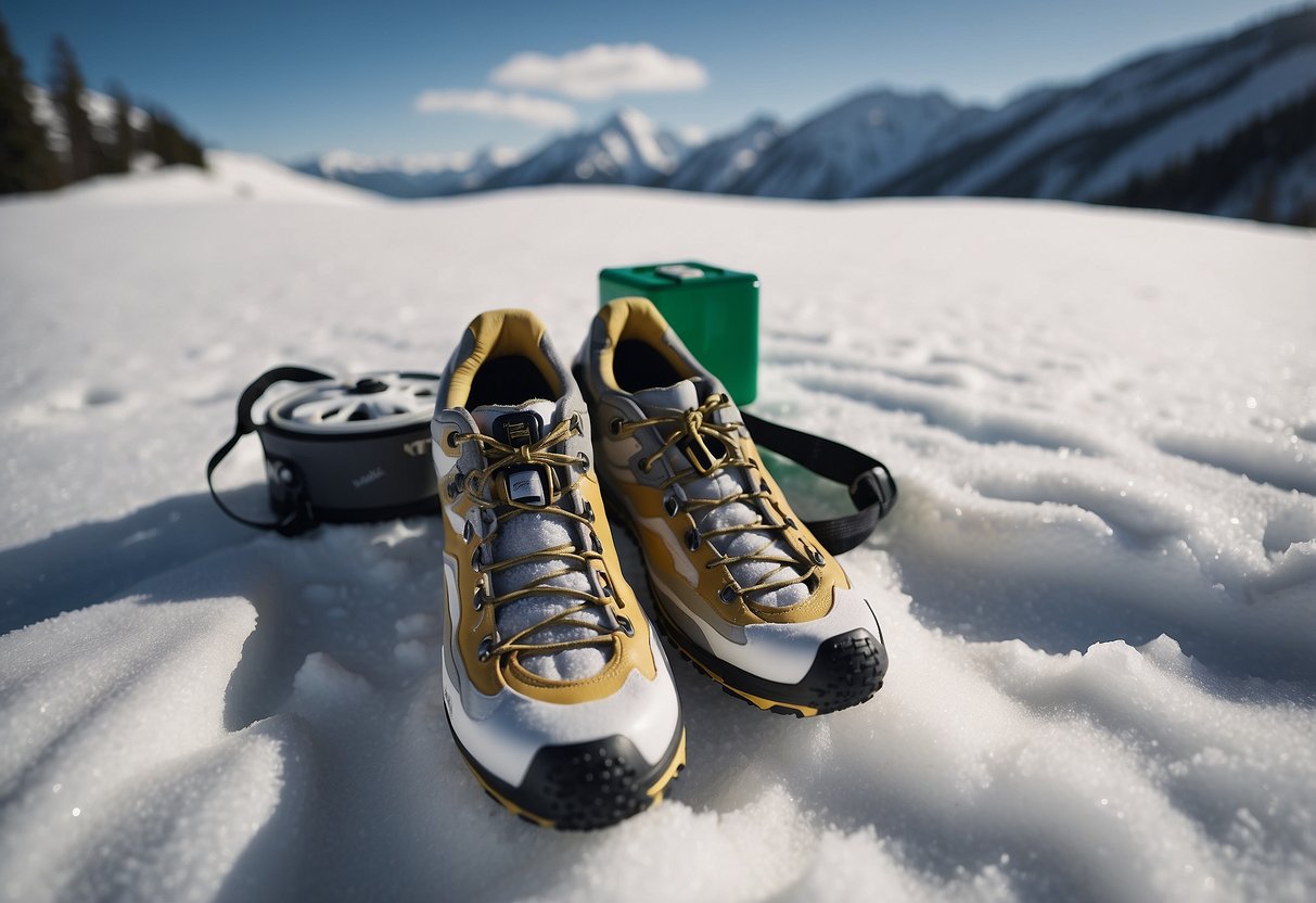 A snowy mountain trail with a pair of snowshoes, a first aid kit, and a roll of KT Tape laid out on the snow