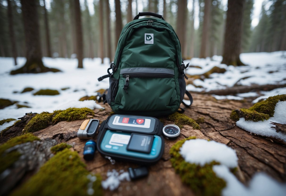 A snowy forest trail with a backpack open to reveal Insta-Glucose Gel and other first aid items for snowshoeing