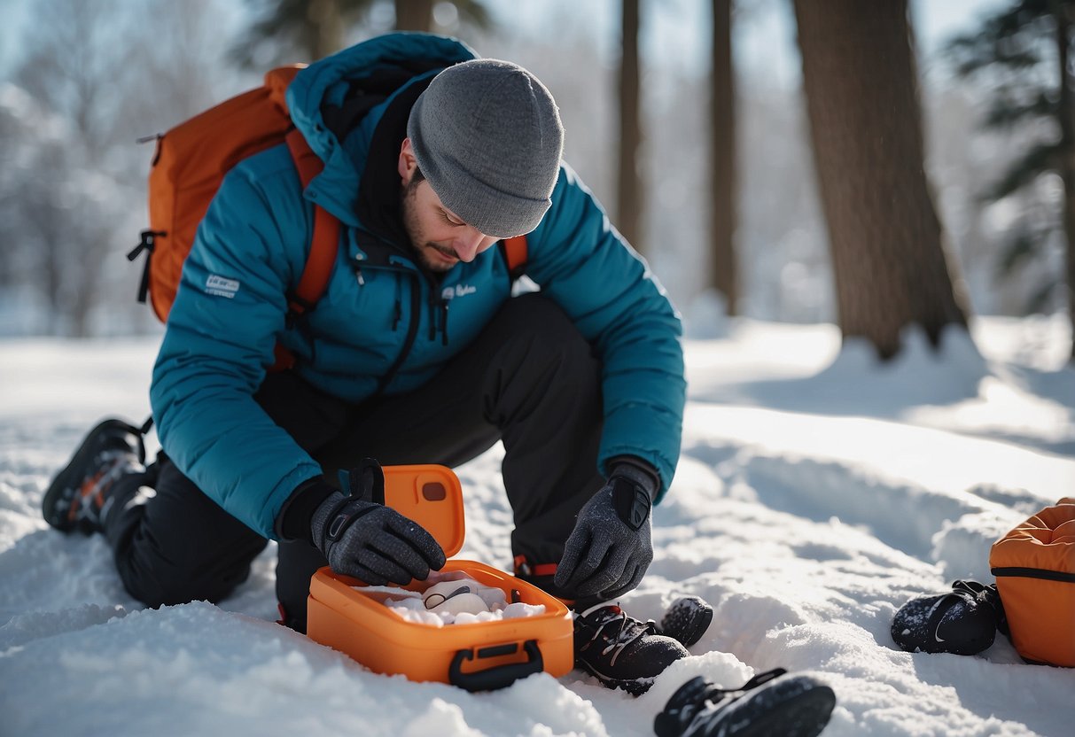 A person applies first aid in snowy conditions, using essential items for snowshoeing