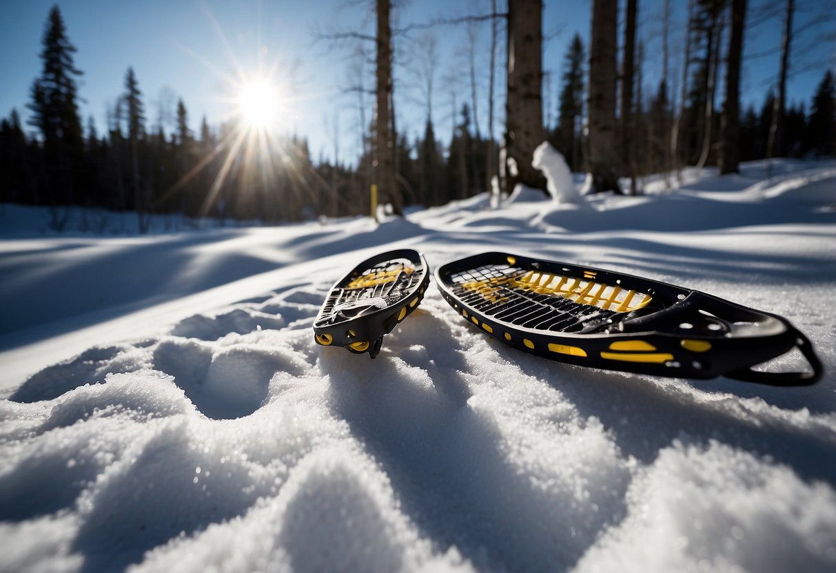 Snowshoes on a snowy trail, surrounded by tall trees and a clear blue sky. Footprints lead the way through the powdery snow, with the sun casting long shadows on the ground