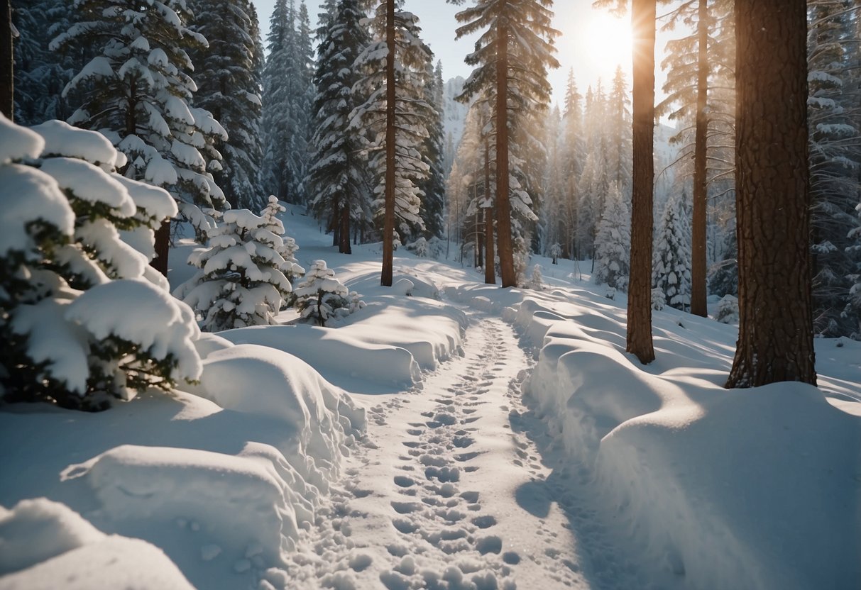 Snowshoeing trail: snowy landscape with winding paths, trees covered in snow, and a pair of waterproof boots navigating through the white terrain