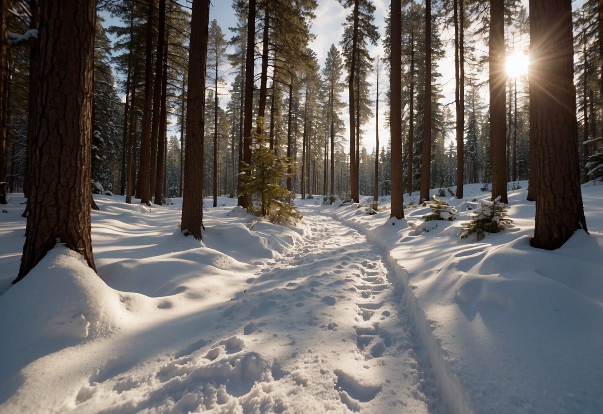 A snow-covered forest trail winds through tall pine trees, with gentle slopes and clear markers for easy navigation. Snowshoe prints are visible, and the sun shines through the branches, casting long shadows on the pristine snow