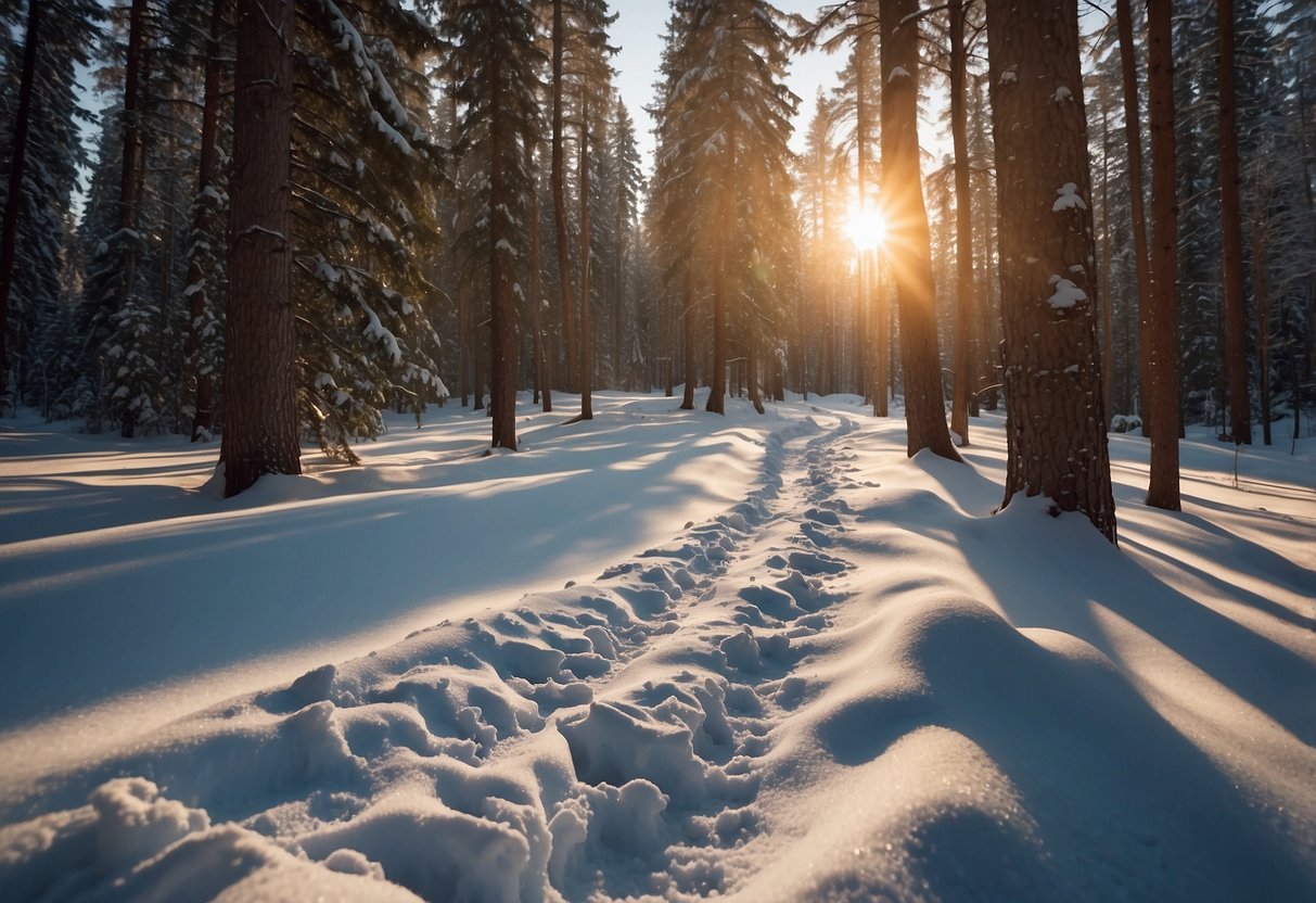 Snowshoeing trails wind through a snowy forest. The sun rises over the treetops, casting long shadows on the pristine snow. Animal tracks crisscross the path, leading deeper into the wilderness