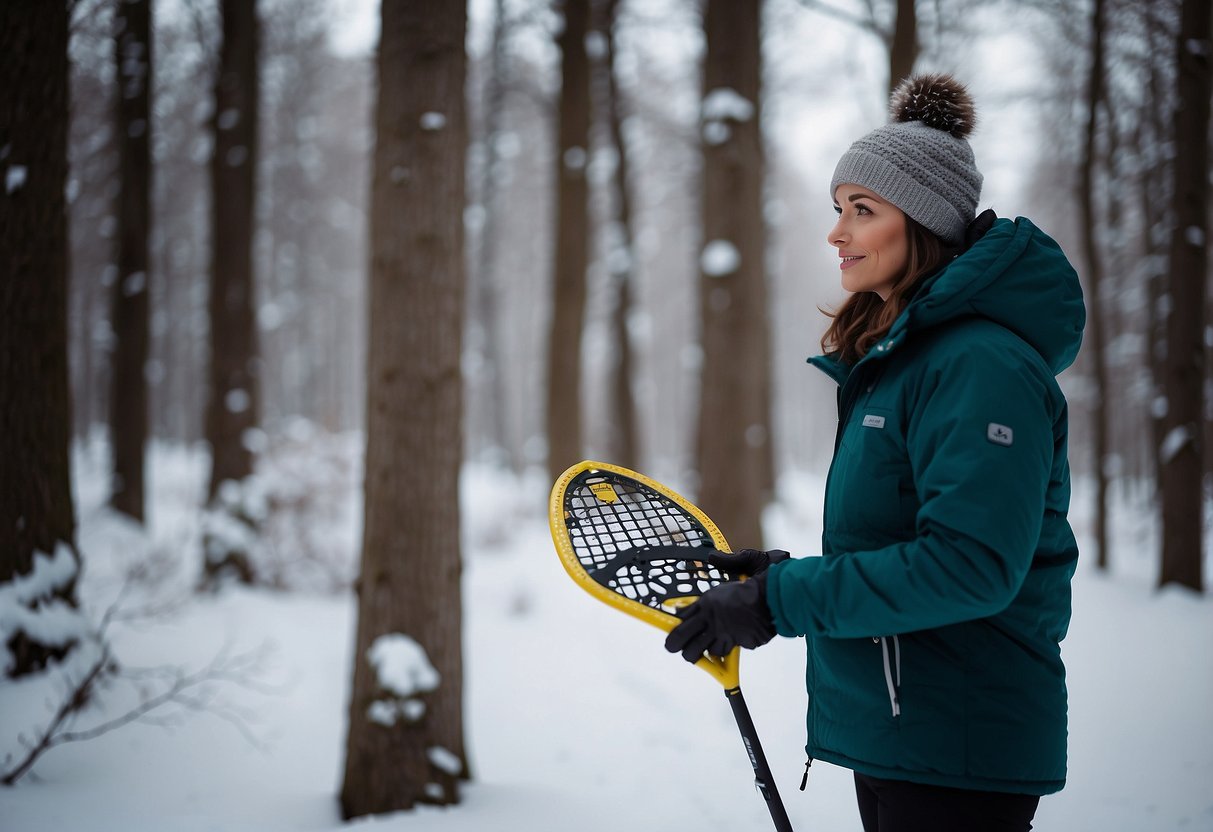 A person stands in a snow-covered forest, holding different snowshoe options. Trail signs and a map are nearby, with trees and a gentle slope in the background