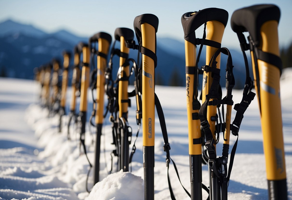 Snowshoeing poles arranged in a row on snowy ground, with a scenic winter landscape in the background