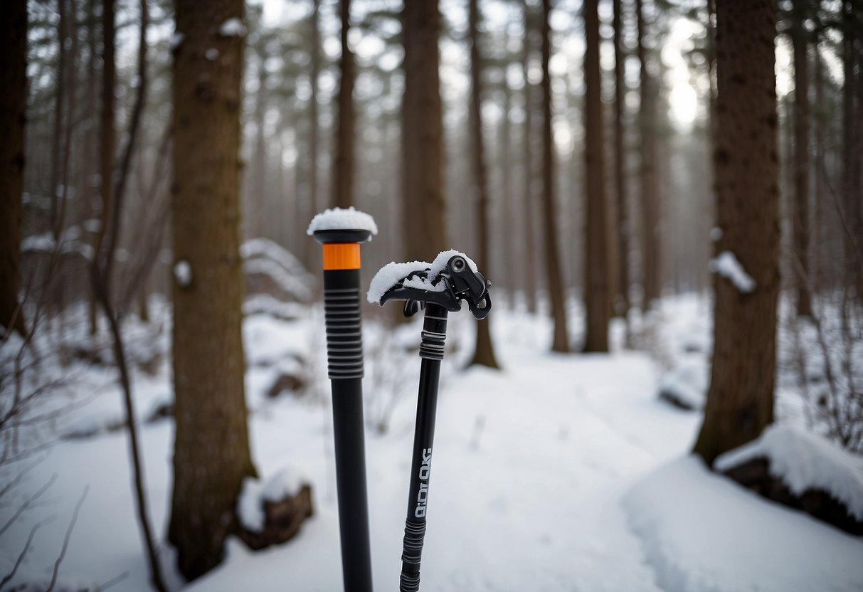 A snowy trail winds through a forest, with the Black Diamond Trail Ergo Cork snowshoeing poles leaning against a tree, ready for use