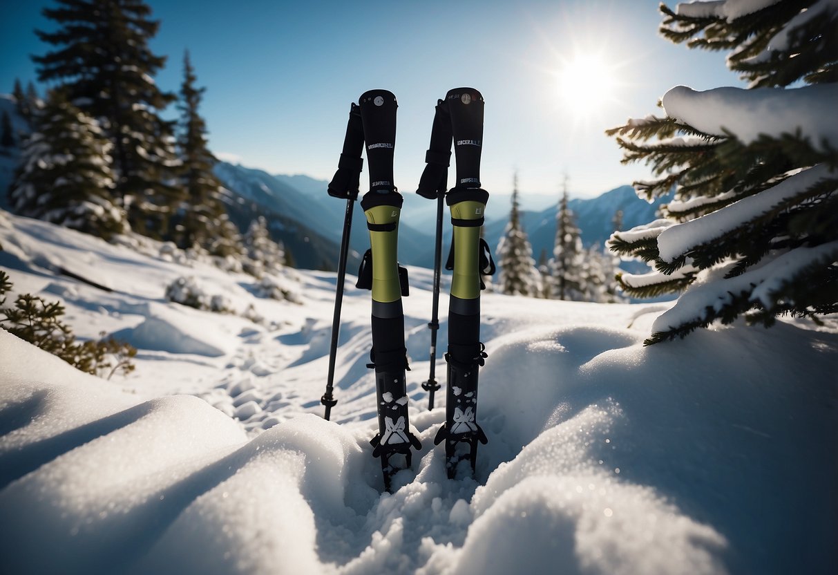 A snowy mountain trail with a pair of Komperdell Highlander Cork 5 snowshoeing poles planted firmly in the snow, surrounded by pristine winter scenery