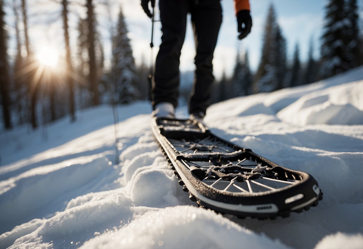 Snowshoes on various terrains: steep hills, deep snow, narrow trails, icy patches, and obstacles like fallen trees or rocks