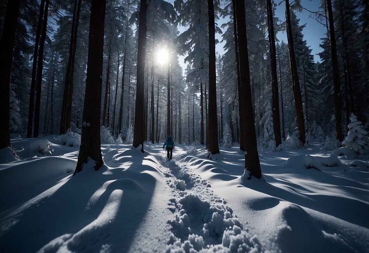 A group of snowshoes trekking through a snowy forest at night, with moonlight casting shadows on the ground. The trees are covered in a layer of snow, and the air is still and quiet