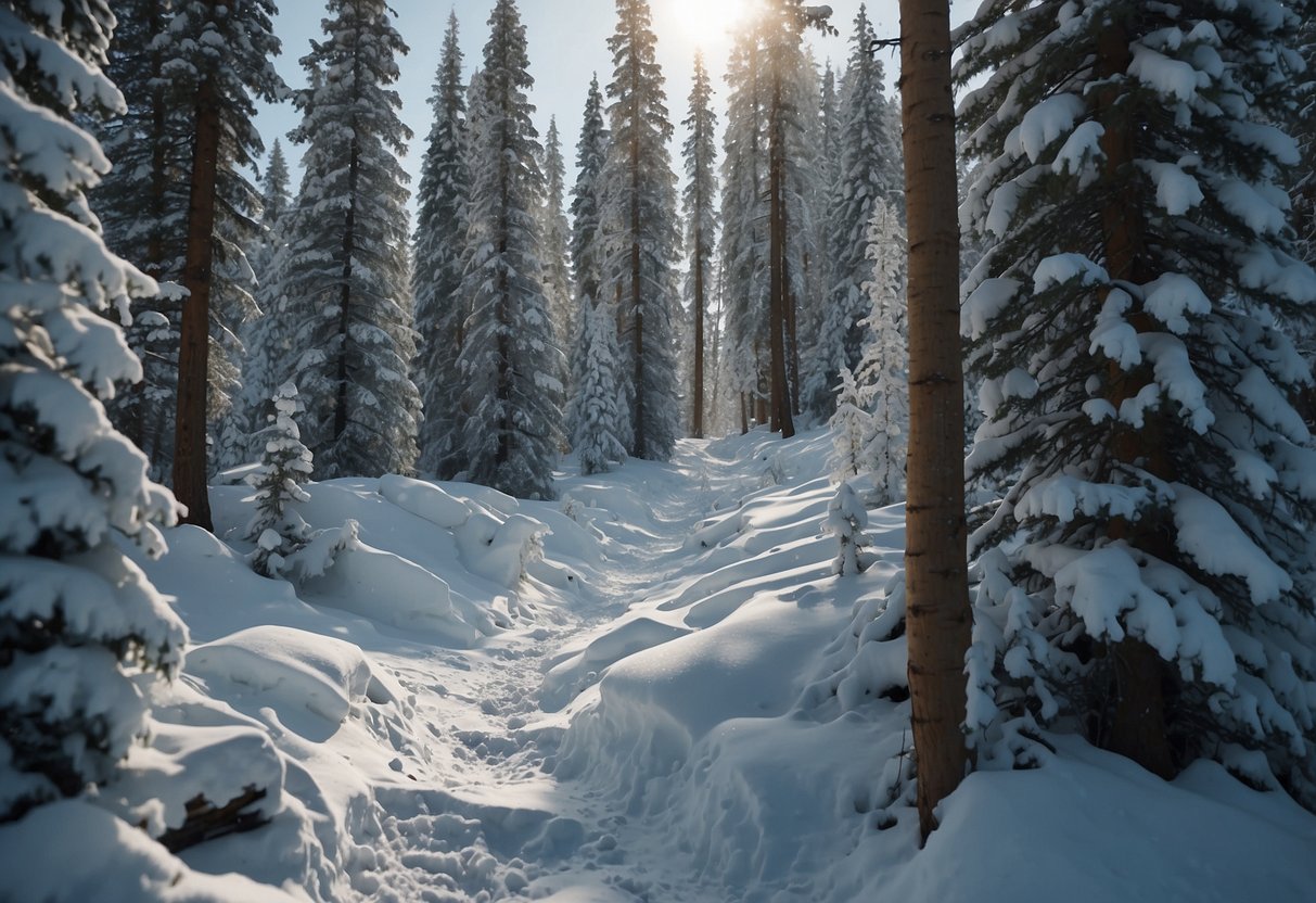 Snowshoes trek through snowy tundra. Challenges include steep slopes, icy patches, and deep drifts. Trees and mountains provide a scenic backdrop