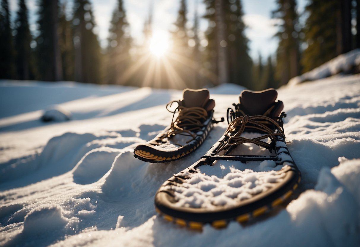 Snowshoes scattered in the snow, surrounded by tall pine trees and a snowy landscape. A trail of footprints leading into the distance