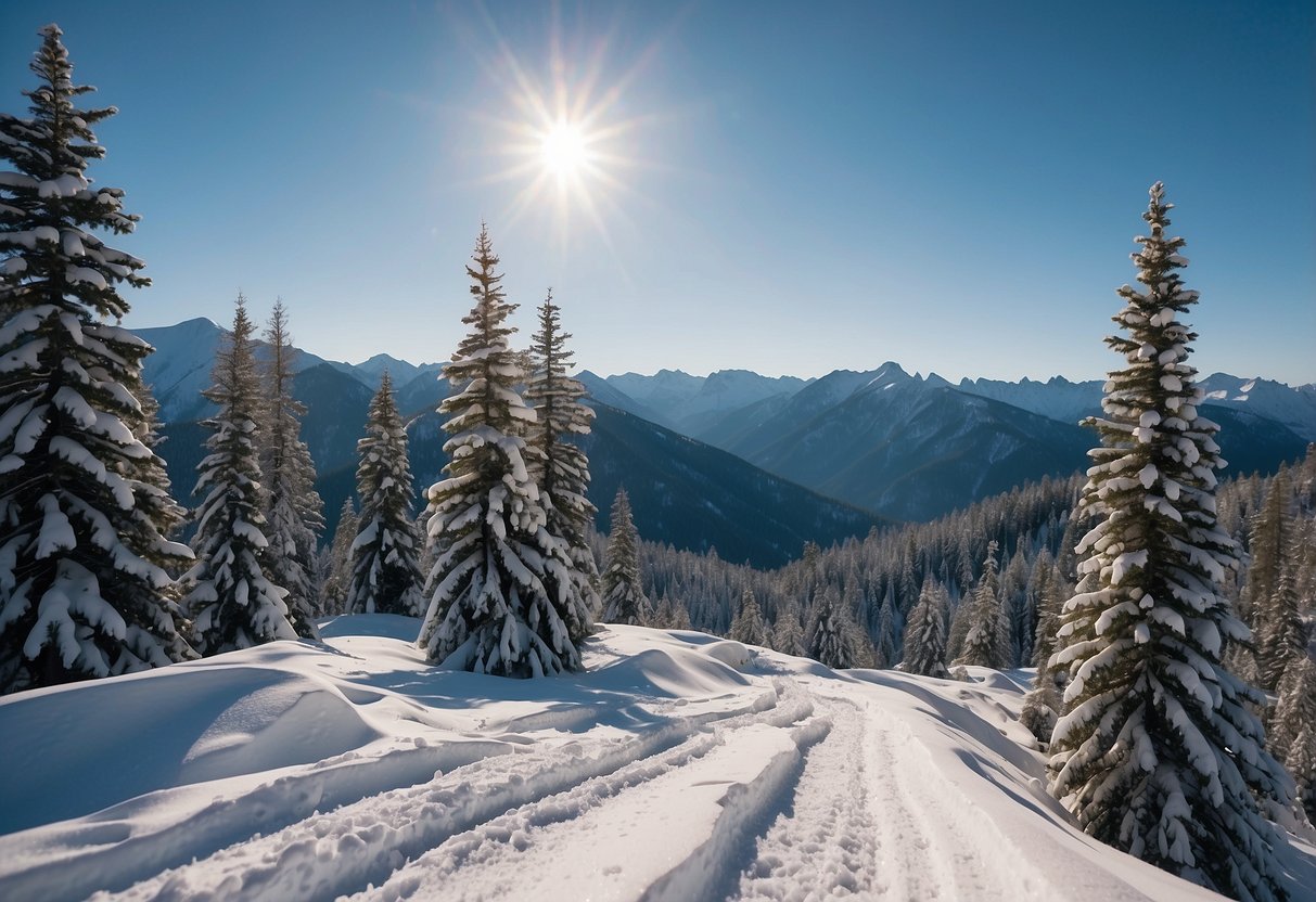 A snow-covered mountain peak with winding trails and challenging terrain for snowshoeing. Snow-capped trees and a clear blue sky create a picturesque backdrop