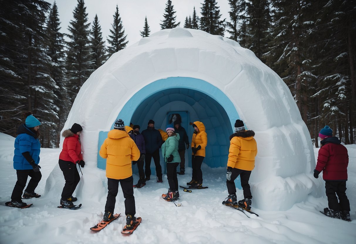 A group of people participate in an igloo building contest, surrounded by snowshoeing challenges. Snow-covered landscape with various igloos and people engaged in activities